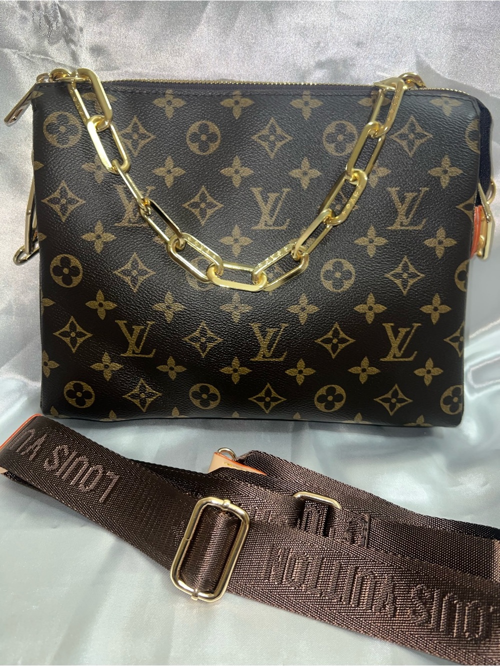 Inspired Monogram Canvas Shoulder Bag - Brown & Gold Hardware